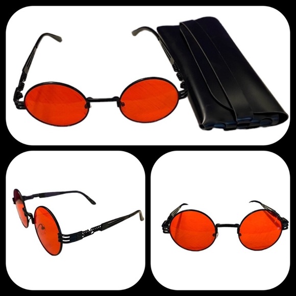 Black & red round shape gothic steam punk sunglasses + black leather pouch - Picture 1 of 15